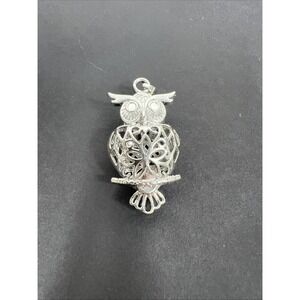 Silver Tone Make A Wish  Domed Owl Locket Pendant with‎ Filigree Hinged Belly
